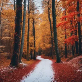 A photograph of a beautiful forest path transitioning from vibrant autumn colors to a snowy winter landscape, symbolizing the importance of adapting to the changing seasons for natural blood sugar management.