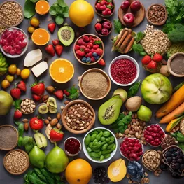 A visually striking collage featuring a diverse range of natural foods that promote healthy blood sugar management, such as fresh fruits, vegetables, whole grains, nuts, and seeds, alongside an individual practicing mindfulness and engaging in physical activity to highlight the importance of holistic approaches in managing blood sugar levels.