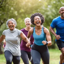 A high-energy photograph capturing a group of diverse individuals participating in a fun outdoor exercise session, highlighting the positive effects of physical activity on natural blood sugar regulation.