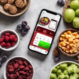An image of a smartphone displaying a blood sugar tracking app, with a variety of healthy snacks and a glucose monitor in the background, promoting mindful and tech-savvy ways to monitor and maintain stable blood sugar levels.