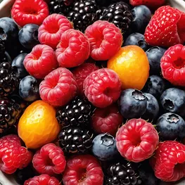 A close-up photograph of a bowl filled with an assortment of ripe, juicy berries, showcasing their vibrant colors and enticing textures.