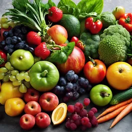 A close-up image of a variety of vibrant fruits and vegetables, showcasing their rich colors and textures, symbolizing the power of natural remedies for managing diabetes.