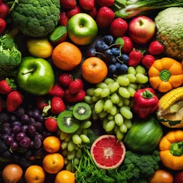 A close-up photograph of a vibrant array of fresh fruits and vegetables, highlighting their natural colors and textures, representing the key ingredients for natural remedies for diabetes.