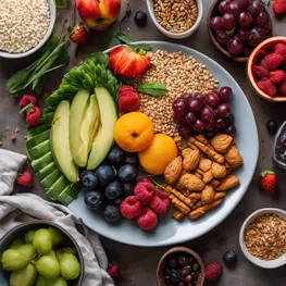 A close-up photograph of a perfectly balanced meal plate, showcasing a colorful assortment of fruits, vegetables, lean proteins, and whole grains, highlighting the importance of incorporating a variety of nutrient-rich foods for stable blood sugar levels.