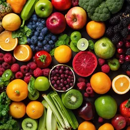 A close-up image of a variety of colorful fruits and vegetables, showcasing the vibrant array of natural foods that can help regulate and maintain healthy blood sugar levels.