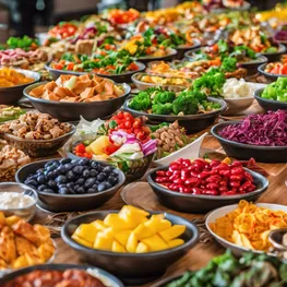 A close-up photograph of a buffet table filled with an array of colorful, delicious-looking dishes, with a focus on the healthy and diabetes-friendly options available.