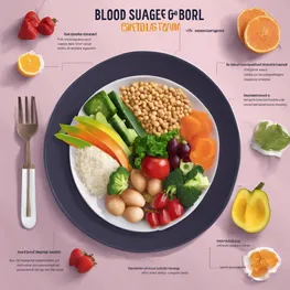 An infographic showcasing advanced tips for next-level blood sugar control, featuring a visual representation of a balanced plate filled with colorful, nutrient-rich foods such as vegetables, lean proteins, and whole grains. Additional images highlight activities like strength training, meditation, and proper hydration, all aimed at optimizing blood sugar levels.