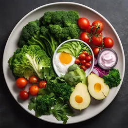 A visual representation of a plate filled with balanced, nutrient-rich foods such as leafy greens, lean proteins, and complex carbohydrates, illustrating the key components of a healthy meal for preventing nighttime blood sugar spikes.