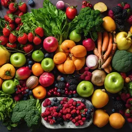 A still life photograph showcasing a vibrant assortment of fresh fruits and vegetables, including colorful berries, leafy greens, and root vegetables, emphasizing their role in maintaining healthy blood sugar levels.