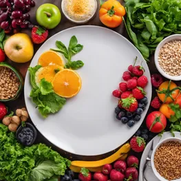 A close-up photograph of a beautifully arranged plate of colorful and nutritious food items known for their blood sugar lowering properties, such as leafy greens, lean proteins, whole grains, and colorful fruits and vegetables.