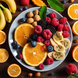 A close-up image of a plate filled with colorful fruits, such as berries, oranges, and bananas, highlighting their natural sweetness and nutritional value. The image should also include a small dish of walnuts and salmon, symbolizing the rich sources of omega-3 fatty acids and their potential role in managing sugar levels.