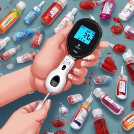 An illustration showcasing a person measuring their blood sugar levels using a glucose meter, with a close-up of their finger being pricked for a blood sample. The image also includes a visually appealing display of different types of insulin vials and syringes, emphasizing the importance of proper insulin administration for effective sugar control.