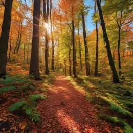 A stunning image of a person hiking through a vibrant forest trail, surrounded by towering trees, vibrant autumn foliage, and dappled sunlight filtering through the leaves, showcasing the benefits of outdoor activities for lowering blood sugar levels.