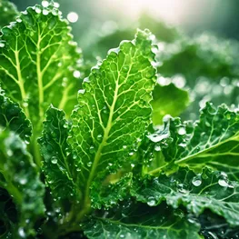 A close-up photograph of a vibrant green kale leaf, glistening with droplets of water, symbolizing the power of plant-based foods in managing blood sugar levels.