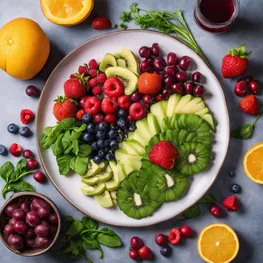 A vibrant plate of colorful fruits and vegetables arranged in a visually appealing way, emphasizing the importance of portion control for maintaining healthy blood sugar levels.