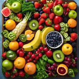 A vibrant plate of colorful fruits and vegetables arranged in a way that showcases their freshness and variety, emphasizing the importance of incorporating these nutrient-rich foods in a balanced diet to manage and lower blood sugar levels.