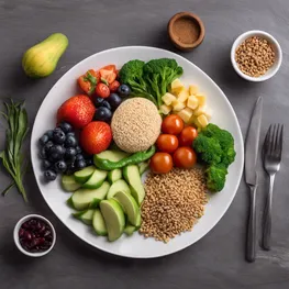 A visual representation of a plate of balanced and healthy food choices, including vegetables, lean protein, whole grains, and a small portion of fruit, illustrating effective strategies for maintaining stable blood sugar levels.