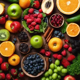 A visual representation of quick and easy hacks to lower glucose levels, featuring a plate of colorful fruits and vegetables known for their blood sugar regulating properties, such as berries, leafy greens, and cinnamon sprinkled on top.