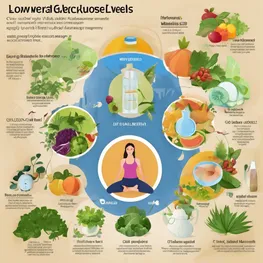 An infographic showing various natural methods to lower glucose levels, including exercise, balanced diet, herbal remedies, and stress management techniques.