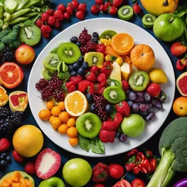 A visual representation of a plate filled with colorful and nutritious fruits and vegetables, showcasing their natural ability to lower glucose levels and promote overall health.