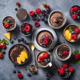 A mouthwatering flatlay image of a colorful array of low-glycemic desserts, including sugar-free chocolate mousse, chia seed pudding, and fresh berry parfaits, inviting readers to explore the delectable world of guilt-free indulgence.