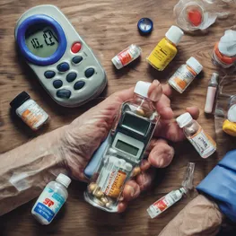 A close-up photograph showcasing the connection between diabetes and chronic pain, featuring a person's hands holding a glucose meter and a bottle of pain medication, symbolizing the daily struggles and management of both conditions.
