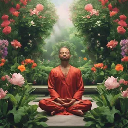 A close-up photograph of a person meditating in a serene garden, surrounded by lush green plants and blooming flowers, symbolizing the connection between emotional well-being and blood sugar control.