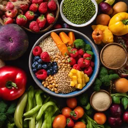 A close-up photograph of a bowl filled with a variety of fiber-rich foods, such as fruits, vegetables, whole grains, and legumes, emphasizing their vibrant colors and textures.