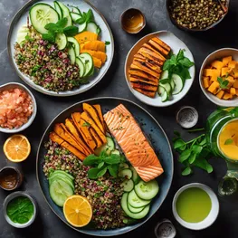 A visually enticing flatlay image of a beautifully arranged plate featuring a selection of low-glycemic dishes, such as a colorful quinoa salad, roasted sweet potato fries, grilled salmon with citrus glaze, and a refreshing cucumber and mint infused water.