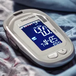 A close-up image of a person sleeping peacefully in bed, with a digital glucose monitor next to them, displaying a blood sugar reading. This prompt explores the relationship between sleep and blood sugar levels, prompting discussions on how sleep quality and duration can impact glucose regulation.