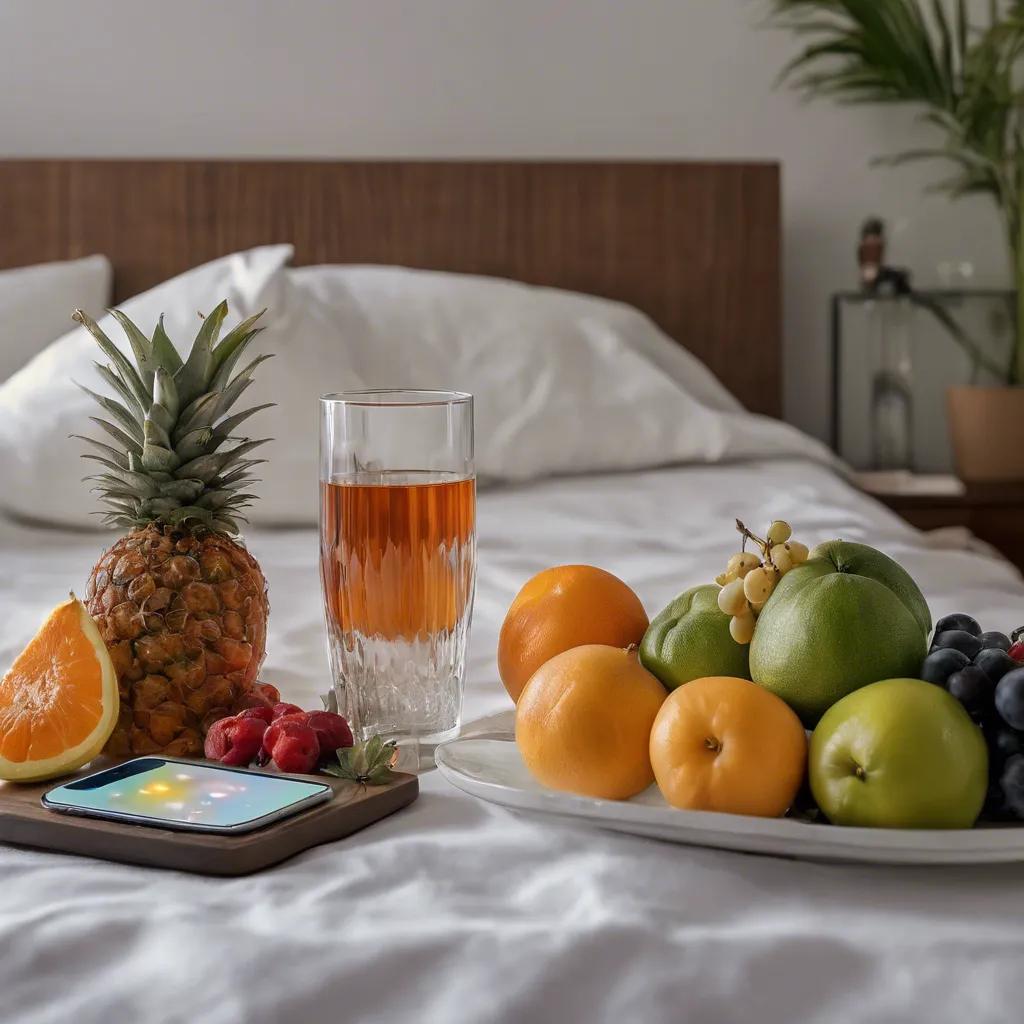 A close-up photograph of a peaceful bedroom setting with a bedside table holding a glass of water, a sleep tracker, and a plate of fresh fruits. The soft lighting and neatly arranged bedlinen suggest a serene sleep environment, while the presence of the fruits hints at the connection between sleep hygiene and blood sugar regulation.