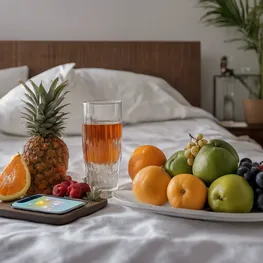 A close-up photograph of a peaceful bedroom setting with a bedside table holding a glass of water, a sleep tracker, and a plate of fresh fruits. The soft lighting and neatly arranged bedlinen suggest a serene sleep environment, while the presence of the fruits hints at the connection between sleep hygiene and blood sugar regulation.