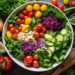 An overhead shot of a vibrant salad bowl filled with a variety of colorful vegetables, such as leafy greens, cherry tomatoes, bell peppers, and carrots, showcasing the power of smart food choices in lowering glucose levels naturally.