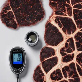 A high-resolution image of a damaged, tar-stained lung alongside a blood sugar monitor displaying high glucose levels, illustrating the detrimental effects of smoking on both lung health and blood sugar regulation.