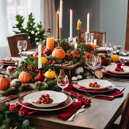 An image of a beautifully set dining table adorned with festive decorations, showcasing a variety of delicious and healthy dishes specifically designed for individuals with diabetes.