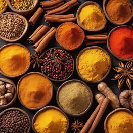 A close-up photograph showcasing an array of vibrant spices, such as cinnamon, turmeric, and ginger, highlighting their rich colors, textures, and aromas, as they play a crucial role in naturally regulating blood sugar levels.