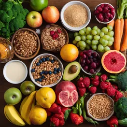 A flatlay image showcasing a variety of colorful fruits, vegetables, whole grains, and lean proteins, emphasizing the importance of strategic nutritional choices for consistent blood sugar control.