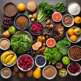 A visually appealing flat lay photograph showcasing a variety of colorful and nutrient-rich foods such as leafy greens, vibrant fruits, whole grains, lean proteins, and healthy fats, all arranged strategically to promote long-term blood sugar success.