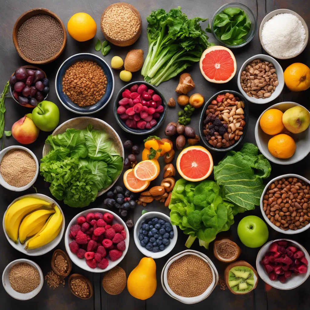 A visually appealing flat lay photograph showcasing a variety of colorful and nutrient-rich foods such as leafy greens, vibrant fruits, whole grains, lean proteins, and healthy fats, all arranged strategically to promote long-term blood sugar success.