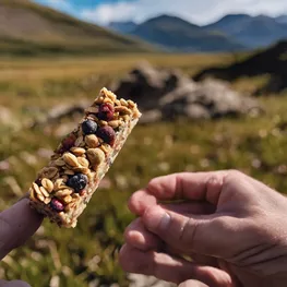 A close-up photograph of a hiker's hand holding a granola bar with a beautiful mountain vista in the background, highlighting the importance of nutritious snacks and mindful eating for maintaining stable blood sugar levels during outdoor adventures.
