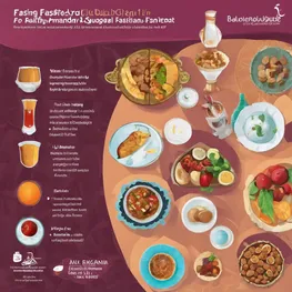 An informative infographic showcasing strategies for balancing blood sugar during Ramadan fasting. The infographic includes visual representations of healthy food options, portion sizes, meal timings, and tips for staying hydrated and active during fasting hours.
