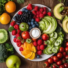 A close-up image of a plate filled with colorful fruits and vegetables, showcasing the natural foods that can help lower glucose levels without medication.