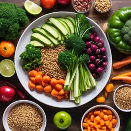 A close-up image of a fresh, colorful plate of vegetables, fruits, and whole grains, showcasing the vibrant and nutritious choices that promote mindful eating and support successful diabetes management.