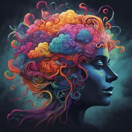 An abstract image featuring contrasting elements - a dark storm cloud and a colorful, swirling brain. The cloud represents the negative impact of sugar on mental health, while the brain symbolizes the intricate cognitive function that is affected.