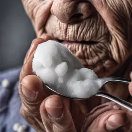 An extreme close-up photograph of a wrinkled, aged hand holding a spoonful of white sugar, emphasizing the negative effects of sugar on skin health and aging.