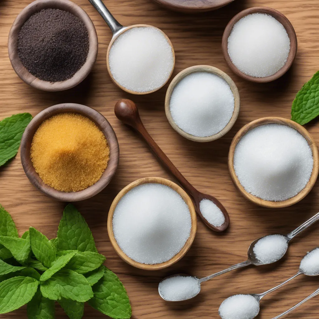 A close-up photograph of various sugar substitute options, including stevia, erythritol, monk fruit, and xylitol, highlighting their unique packaging and textures.