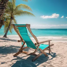 A vibrant image of a sunny beach with crystal clear turquoise water, featuring a person lounging in a beach chair and soaking up the sun's rays, showcasing the importance of sunlight and vitamin D for maintaining healthy blood sugar levels.