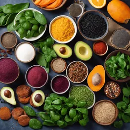 A flatlay image showcasing a colorful assortment of superfoods known for their ability to stabilize blood sugar levels, such as blueberries, quinoa, avocados, spinach, chia seeds, and sweet potatoes.