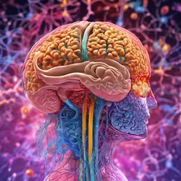 An artistic representation of the gut-brain axis, showcasing the connection between the digestive system and the brain through vibrant and intricate neural pathways, while emphasizing the importance of probiotics and gut health in maintaining blood sugar balance.
