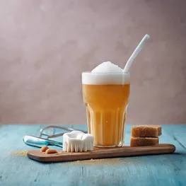 A close-up photograph of a dental tool and a sugar-filled beverage, symbolizing the relationship between diabetes and dental health.